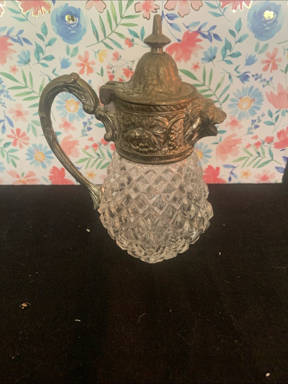 Vintage Cut Glass Pitcher with Ornate Metal Lid and Handle - Clear & Brass-Toned